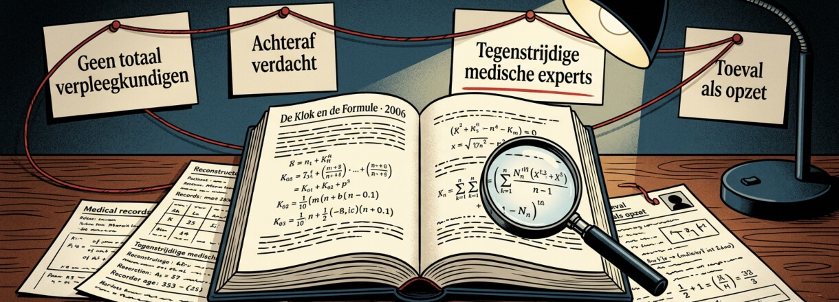Open boek met wiskundige formules en een vergrootglas, omringd door medische dossiers en notities over tegenstrijdige experts, achteraf-verdenkingen en toeval versus opzet.